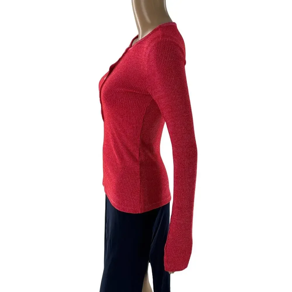 Rag & Bone Pink Marled Red The Knit Ribbed Henley Long Sleeve Top